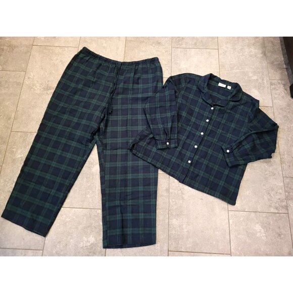 L.L. Bean warm Green & navy flannel Tartan Pajama matching separates. - Picture 1 of 10